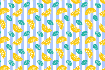 Summer fruits tropical lemon slices seamless pattern repeating background featuring bright yellow lemon slices, tropical leaves, and juicy citrus textures.
