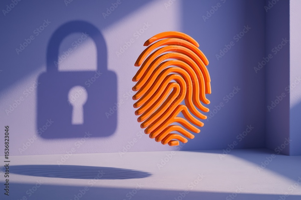 Poster 3d fingerprint casting padlock shadow against purple wall, symbolizing biometric security, access co