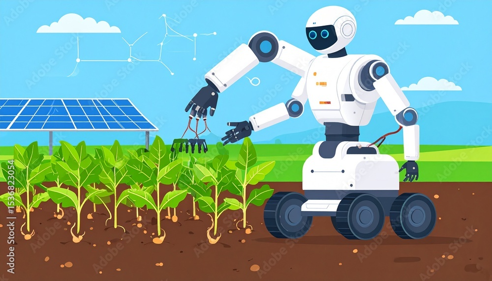 Poster autonomous agriculture robot effectively working in a field with modern farming techniques utilized