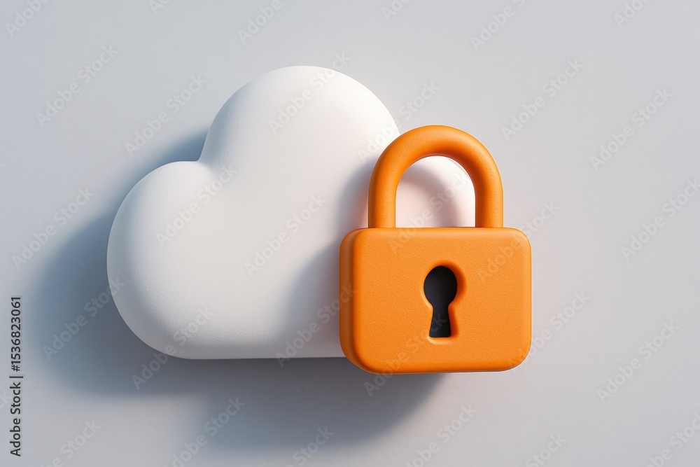 Poster cloud computing security illustration shows secure data in the cloud, an orange padlock protects dat