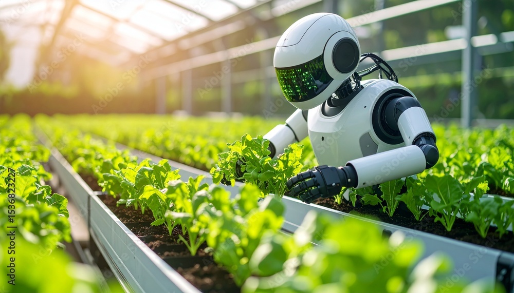 Poster autonomous robot working in a greenhouse utilizing advanced technology to enhance plant growth