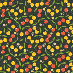 Cherry fruit seamless pattern with red and yellow cherry and green leaves. Berry background for food design and spring packaging.