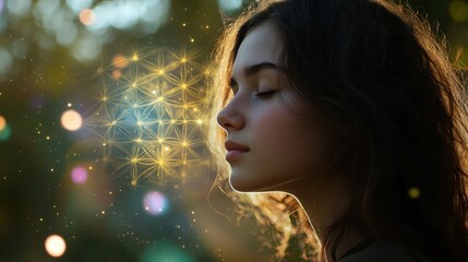 Young woman and Glowing sacred geometric sphere featuring  Flower of Life pattern floats above her