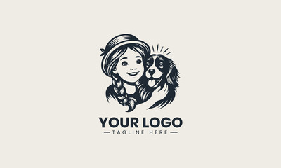 Happy young girl lovingly holding cheerful little dog in cute cartoon vector logo design style