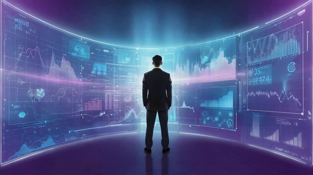 Man looks at futuristic data dashboard. A man in suit facing large curved screens displaying data charts and graphs in blue and purple hues. Businessman studies virtual graph screen