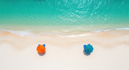 Naklejka premium Beach umbrellas on white sand showcasing turquoise water perfect for travel and vacation websites