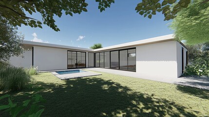 Modern architectural design of a contemporary home's backyard.