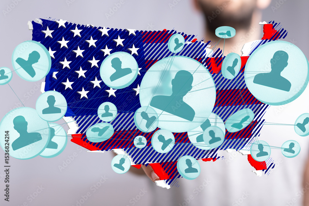 Poster illustrative image showing a network of us citizens connected digitally, representing online communi