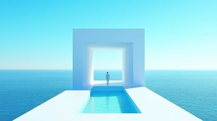 Modern architectural structure with infinity pool overlooking the sea.