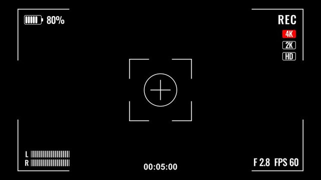 Camera recording screen interface black background displaying recording status and resolution. Great for design projects or visual representations.