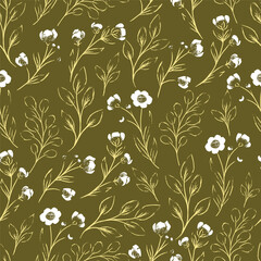 Green and White Wild Flowers Vector Seamless Pattern