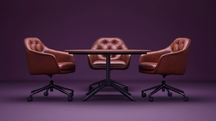 Four brown leather chairs surrounding a round table