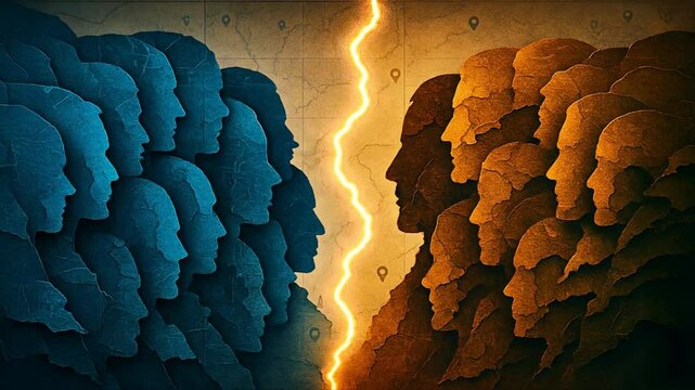 Two dense groups of faceless silhouettes divided by a glowing border line show people separated by immigration issues and lack of international cooperation