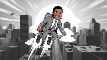 Animated Businessman Flying Over City Skyline in Dynamic Action Scene