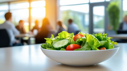 A fresh salad bowl with lettuce, cucumber, and tomatoes sits on a table in a bright office setting where people work in the background.