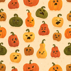 Cute kawaii pumpkin faces seamless pattern with various expressions - perfect for Halloween marketing, autumn branding, and seasonal design projects
