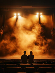 Adult couple watches a puppet show on stage at a theater in a darkened auditorium seating area