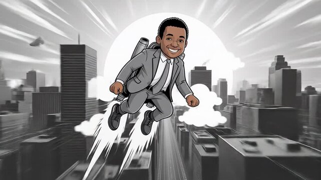 Animated Businessman Flying Over City Skyline in Dynamic Action Scene