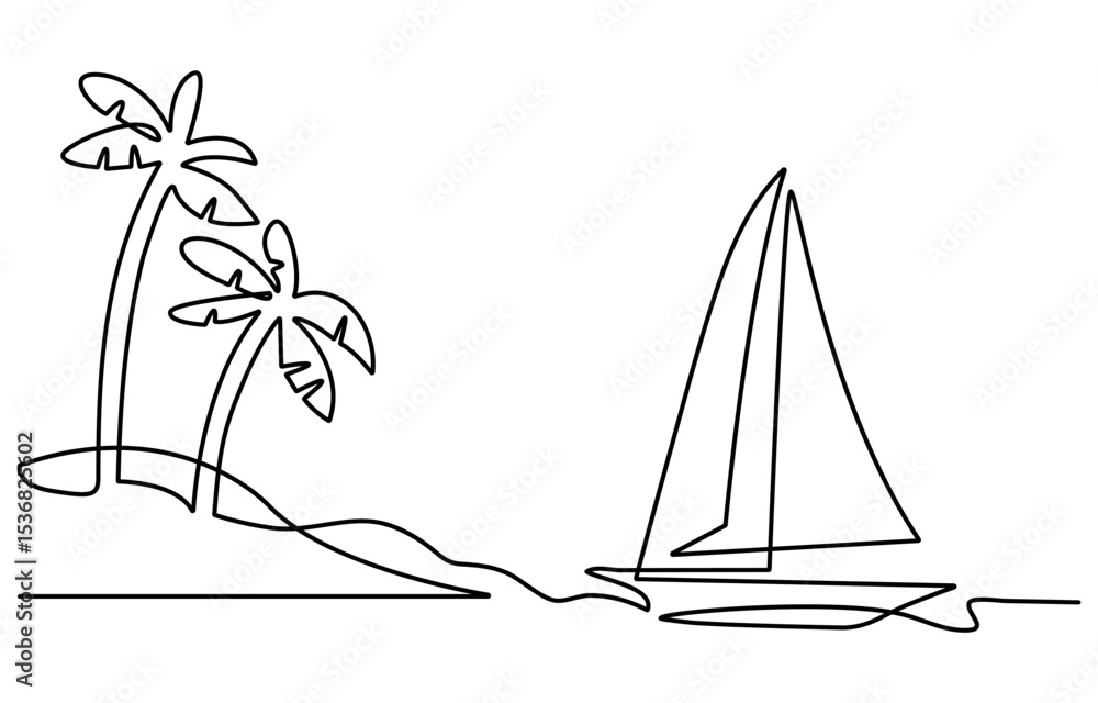 Poster a minimalist line drawing depicts a sailboat plam tree with a single sail navigating wavy ocean wate