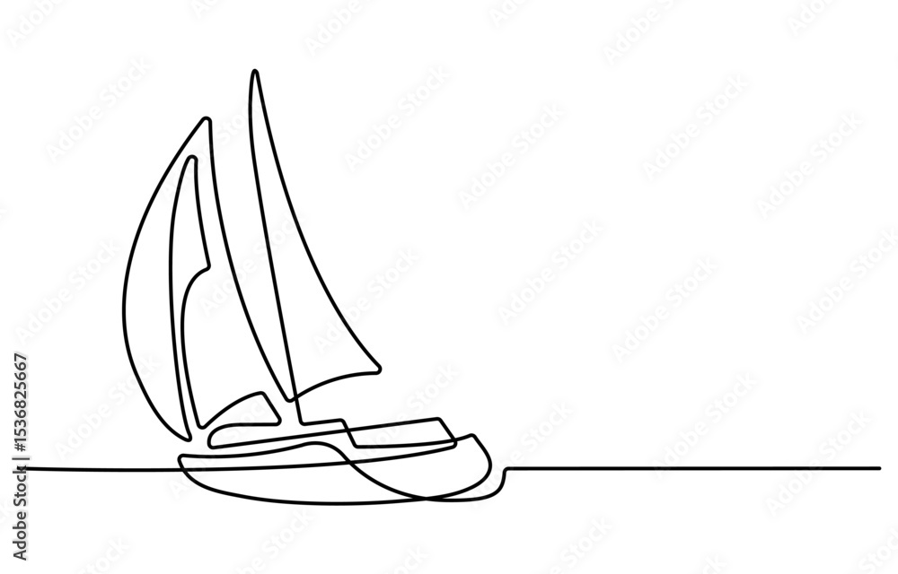 Poster a minimalist line drawing depicts a sailboat plam tree with a single sail navigating wavy ocean wate