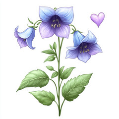Fototapeta premium Pastel Blue and Purple Bellflowers with Green Leaves and a Pink Heart on White Background