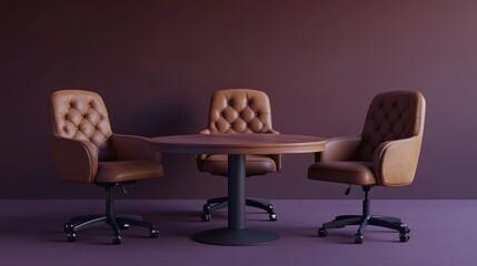 A circular brown wooden table, surrounded by three matching brown leather office chairs, sits against a deep burgundy wall
