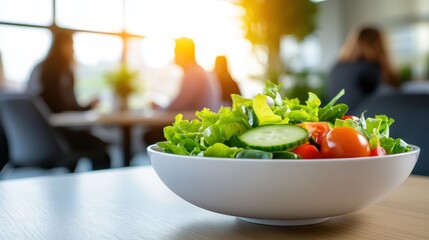 A fresh bowl of mixed salad with lettuce, cucumber, and cherry tomatoes on a table in a bright, modern office setting with blurred people in the background.