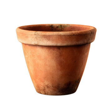 A simple and rustic empty terracotta flower pot sitting on a white background showcasing the natural texture and earthy tones of the clay container