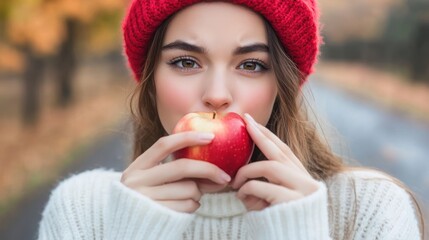 Young woman in red hat eats a red apple outdoors in autumn.