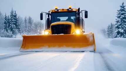 A bright yellow snowplow clears a snowy road surrounded by snow-covered trees in a winter landscape.