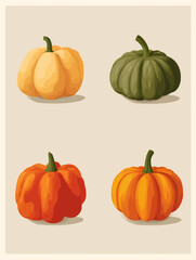 Colorful pumpkin collection set with orange, green and red varieties. Vector illustration perfect for autumn marketing, harvest designs, and seasonal branding materials