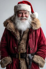 Smiling Santa Claus in Red Coat Winter Fur Trim