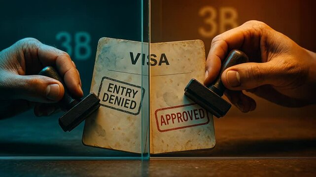 Hands slide entry denied and approved stamps onto visa pages through bulletproof glass, showing border control, immigration issues, and citizenship checks