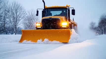 A bright yellow snowplow clears a snow-covered road during a snowy winter day with bare trees in the background.
