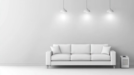 A minimalist living room scene with a white sofa and pendant lights.