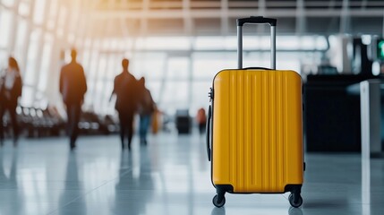 A yellow suitcase stands in the center of a modern airport terminal with blurred travelers and large windows in the background.