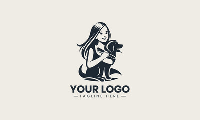 Fototapeta premium Joyful little dog bonding with smiling young girl in adorable and heartwarming cartoon vector logo design