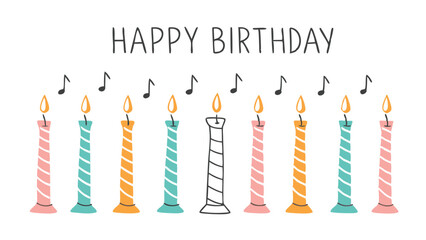 Happy birthday illustration with candles and music notes above them in a simple doodle style art