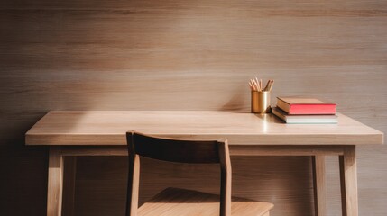 Minimalist wooden desk with smooth surface against paneled wall, simple slatted chair, golden cylindrical pencil holder, stacked books with red and blue-green covers, warm cozy light.