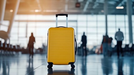A yellow suitcase stands in the center of a modern airport terminal with blurred travelers and large windows in the background.