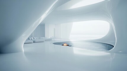 Modern, minimalist interior design featuring flowing architectural forms.