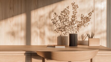 Minimalist workspace bathed in warm golden sunlight with light wooden desk, black ribbed vase holding dried branches, wooden pencil holder, closed notebook, and curved wooden chair.