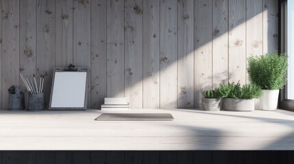Minimalist workspace with light-toned wooden desk, vertical planked gray walls, sunlight streaming from window, diagonal shadows, drawing tools, rocks, clipboard, stack of white books, closed laptop, 