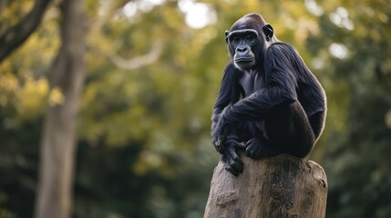 Gorilla sits thoughtfully atop a tree stump in a blurred, verdant forest backdrop