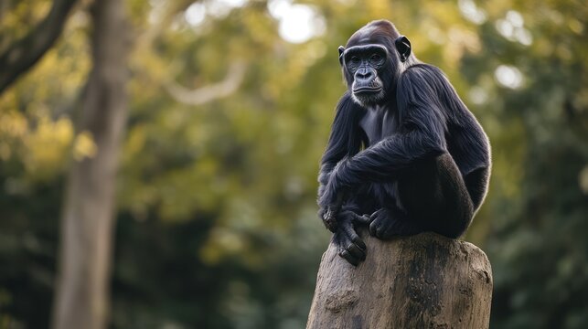 Gorilla sits thoughtfully atop a tree stump in a blurred, verdant forest backdrop