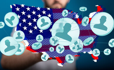 Illustrative image showing social media connections across the United States. Ideal for articles...
