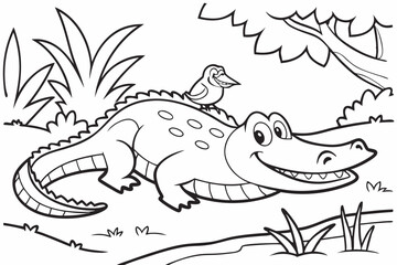 coloring page for kids, a cartoon crocodile sunbathing on a river bank, smiling with its mouth slightly open, a little bird is sitting on its back, thick outlines, black and white