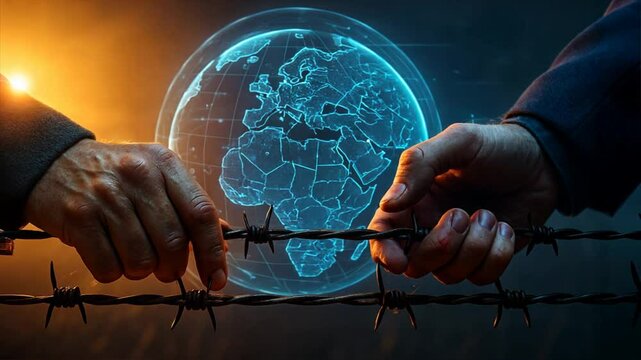 Two old hands grip barbed wire from both sides with a digital globe behind, showing conflict, immigration issues, and global citizenship hopes