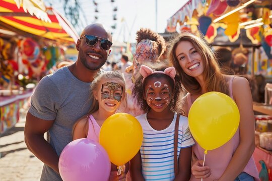 Candid photo of a diverse family at a summer festival, children with face paint holding balloons, parents sampling food from various cultures.