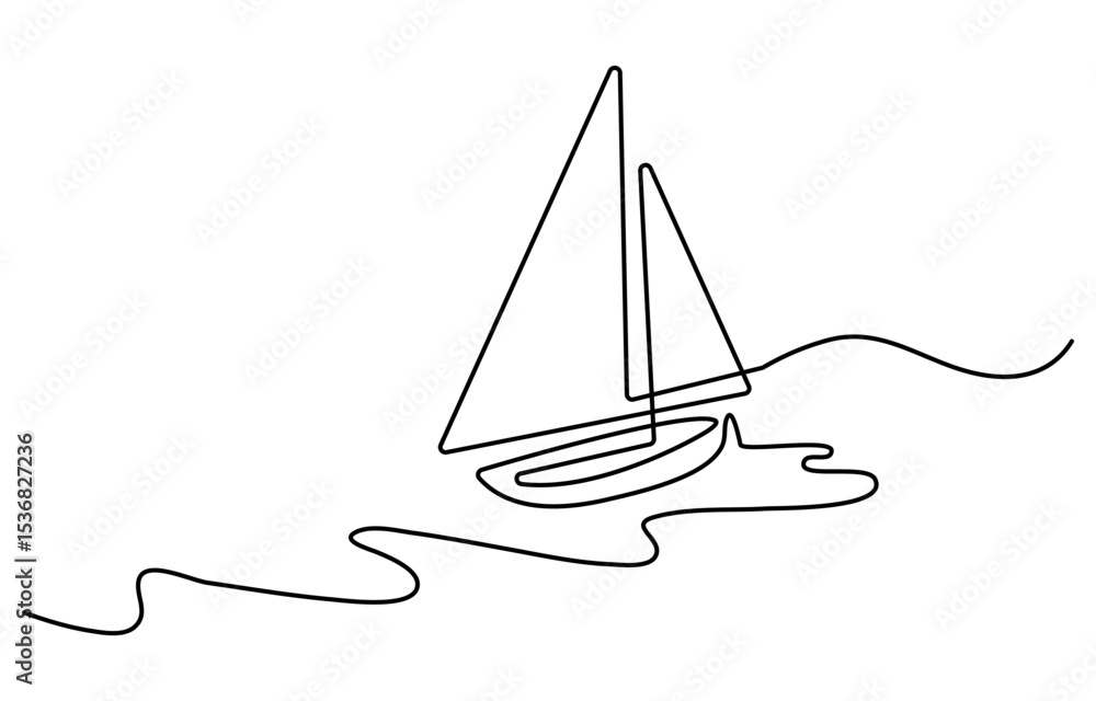 Poster a minimalist line drawing depicts a sailboat plam tree with a single sail navigating wavy ocean wate